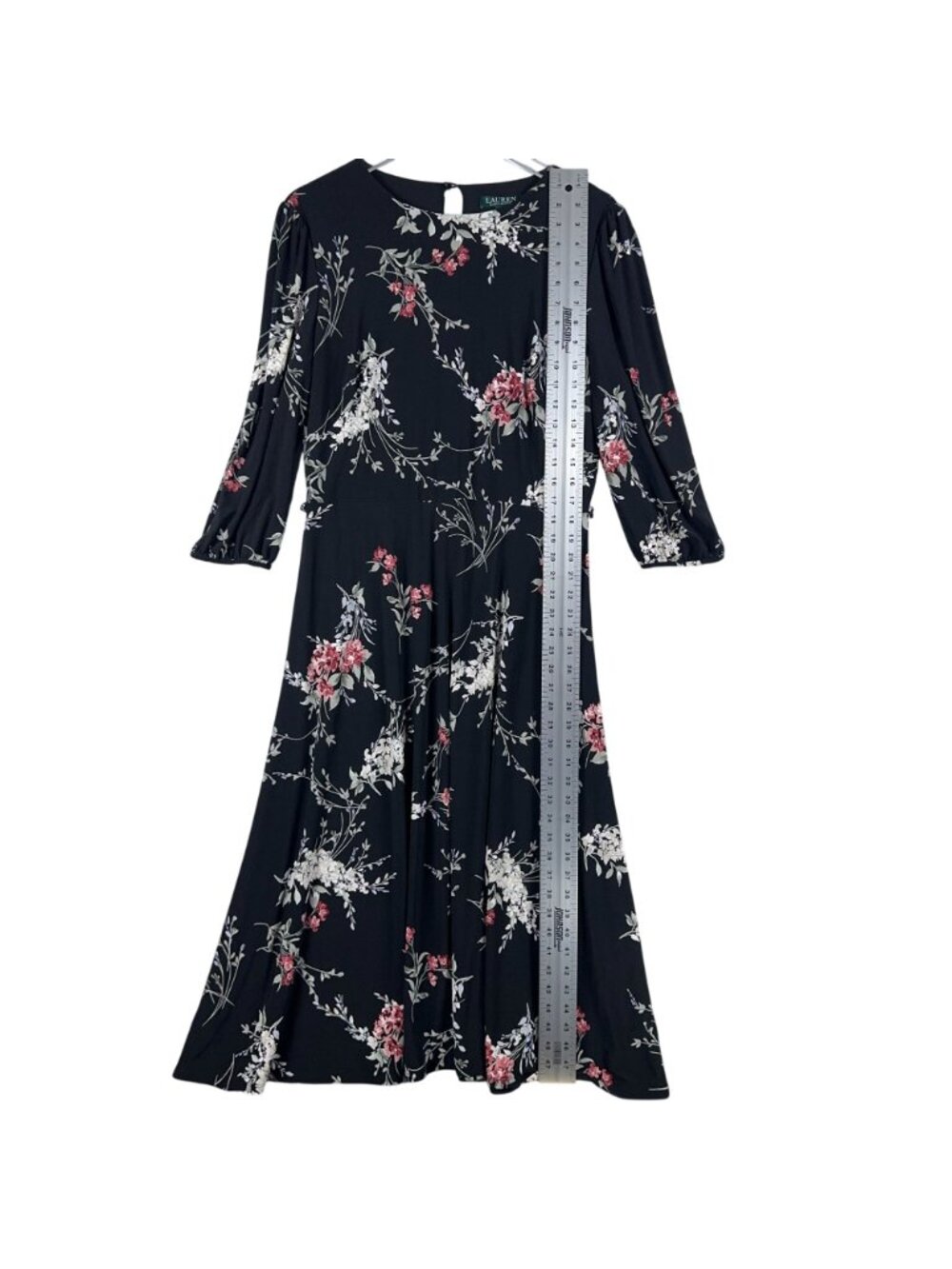 Lauren Ralph Lauren Dress Size 12 Midi Black Floral Print 3/4 Sleeves Keyhole - Picture 6 of 10